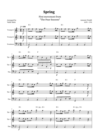 Spring - The Four Seasons for Trumpet, Trumpet and Trombone Trio (+ CHORDS) (arr. Valdir Maia)
