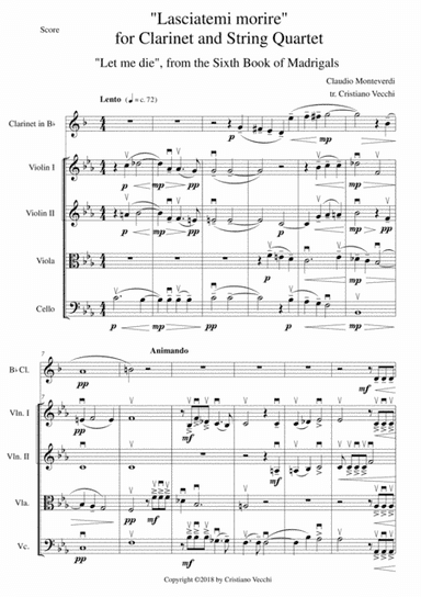 "Lasciatemi morire" for Clarinet and String Quartet (arr. Cristiano Vecchi)