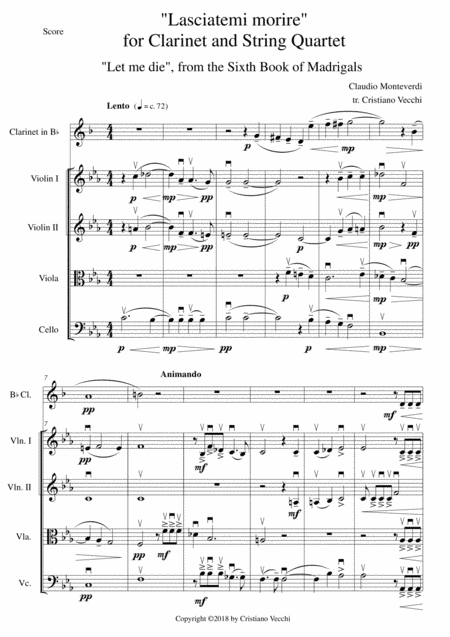"Lasciatemi morire" for Clarinet and String Quartet (arr. Cristiano Vecchi)