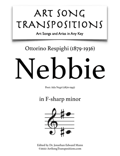 RESPIGHI: Nebbie (in 4 medium keys: F-sharp minor, F minor, E minor, E-flat minor) (arr. ArtSongTranspositions.com)