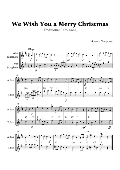 We Wish you a Merry Christmas for Alto Sax and Tenor Sax Duet with Chords (arr. Rika K.)