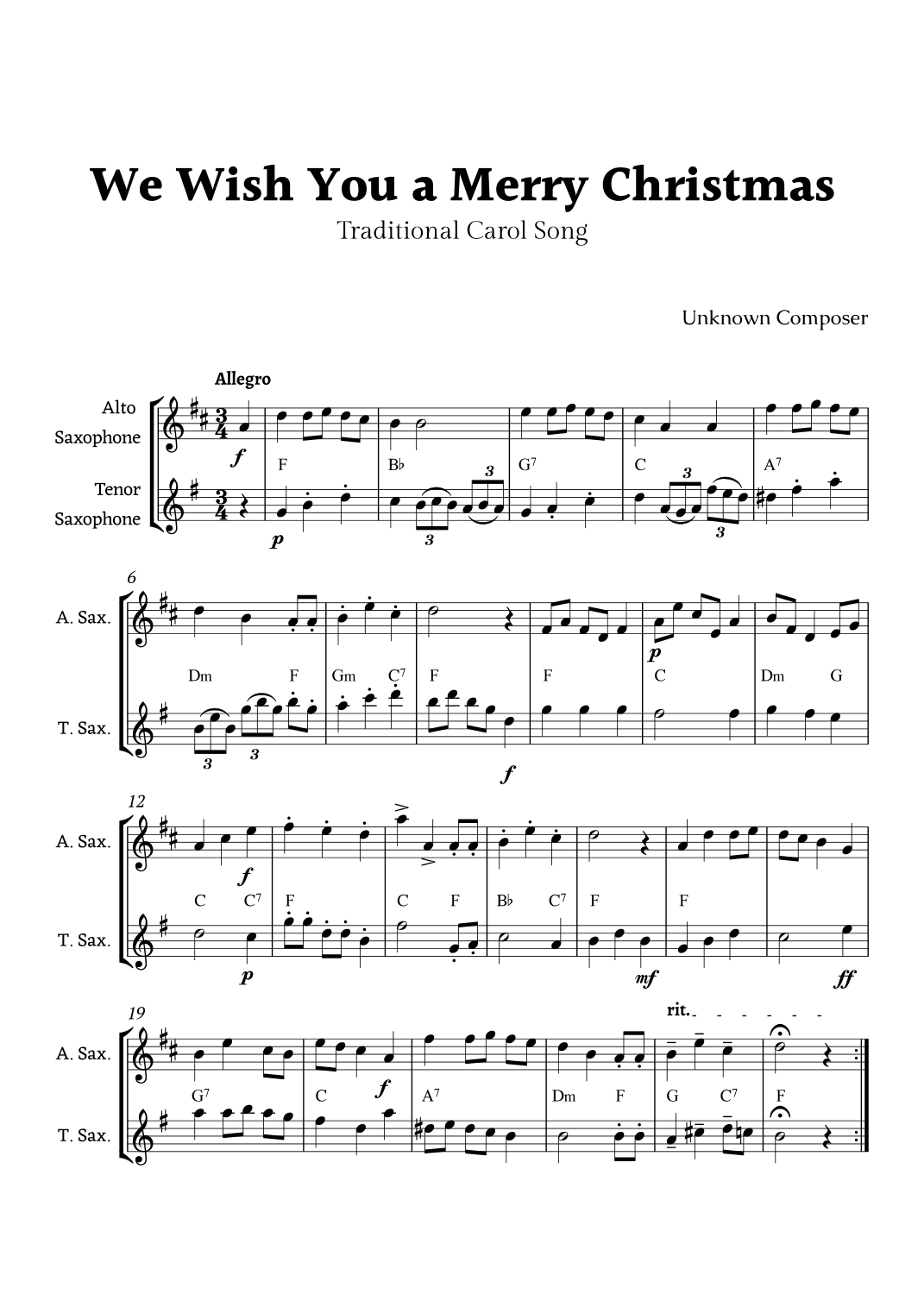 We Wish you a Merry Christmas for Alto Sax and Tenor Sax Duet with Chords (arr. Rika K.)