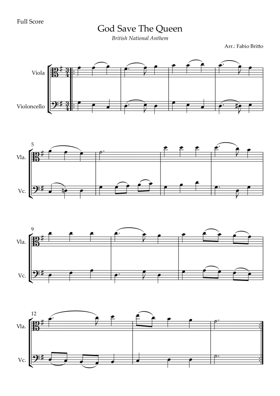God Save The Queen (British National Anthem) for Viola & Cello Duo (arr. Fabio Britto)