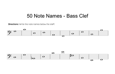 50 Note Names - Bass Clef (Reproducible Music Theory Worksheet)