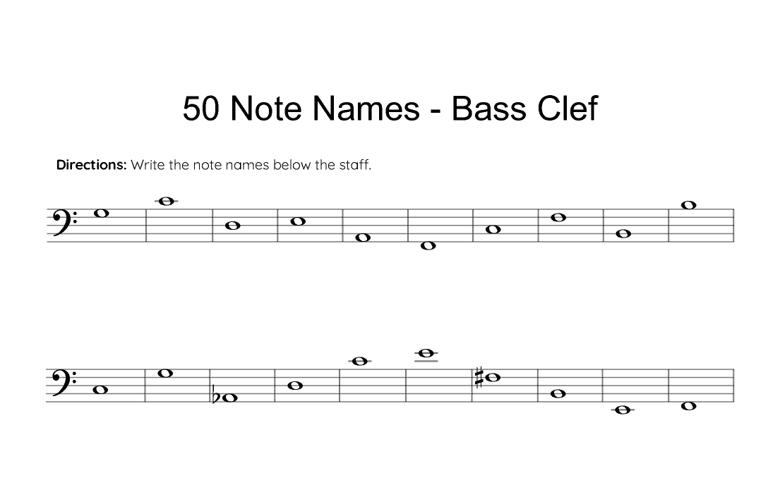 50 Note Names - Bass Clef (Reproducible Music Theory Worksheet)
