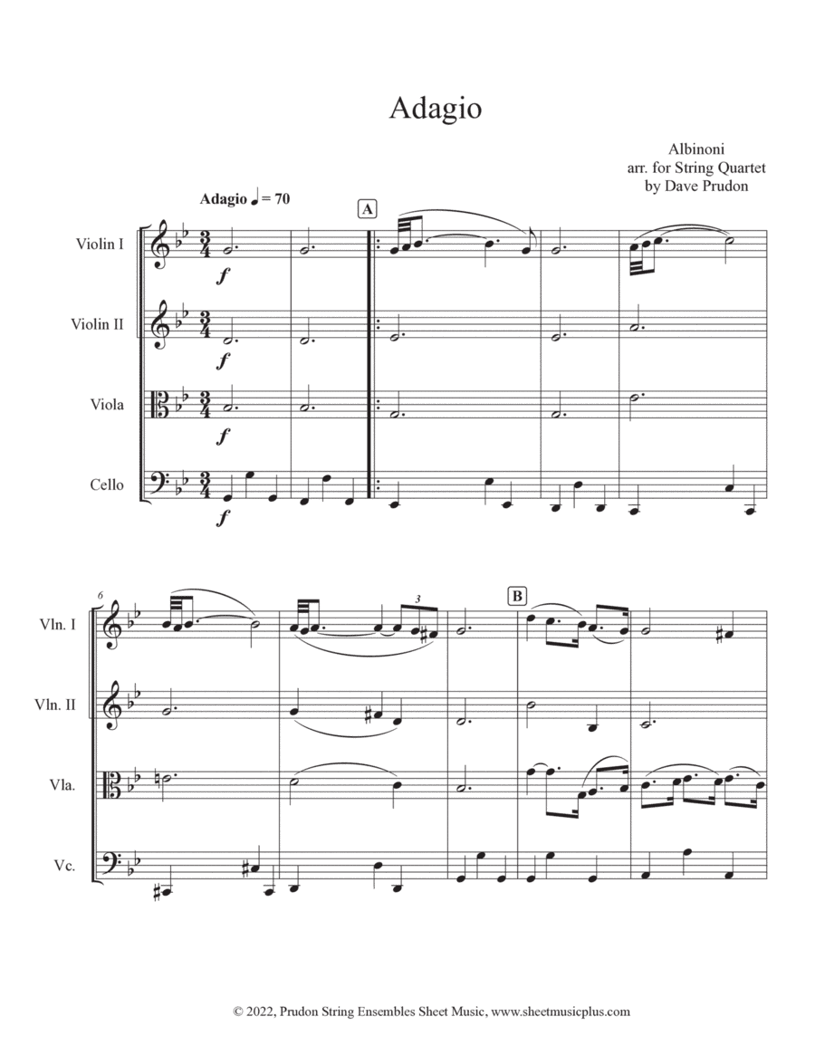 Albinoni Adagio for String Quartet (arr. Dave Prudon)