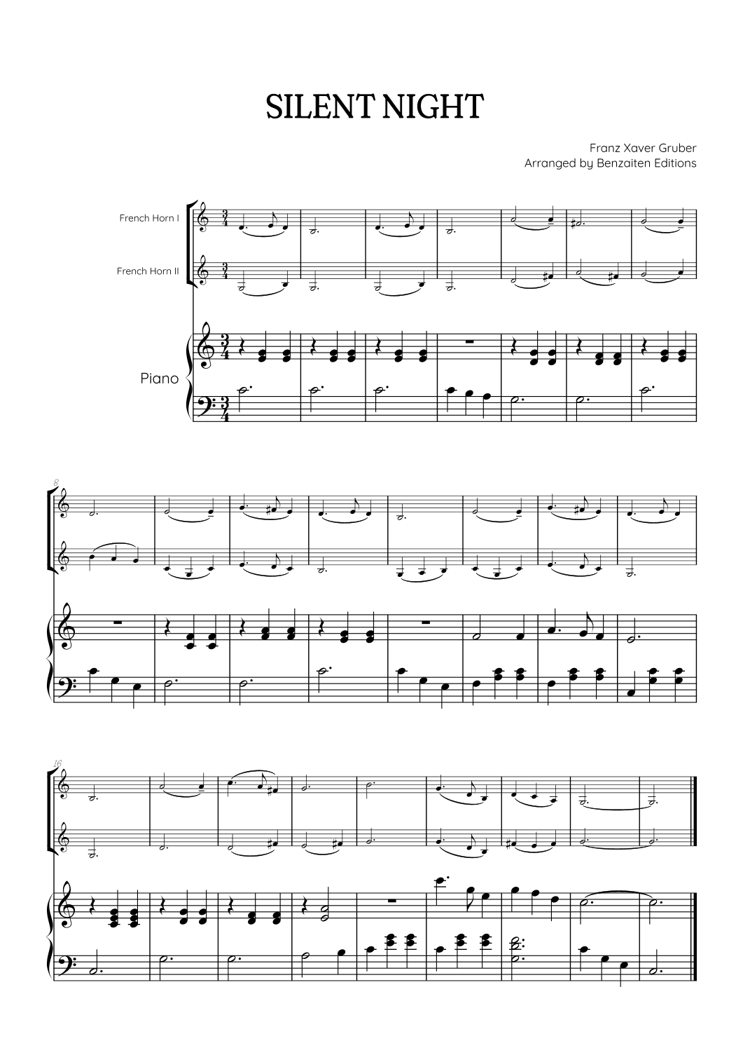 Silent Night for french horn duet with piano accompaniment • easy Christmas song sheet music (arr. Benzaiten Editions)