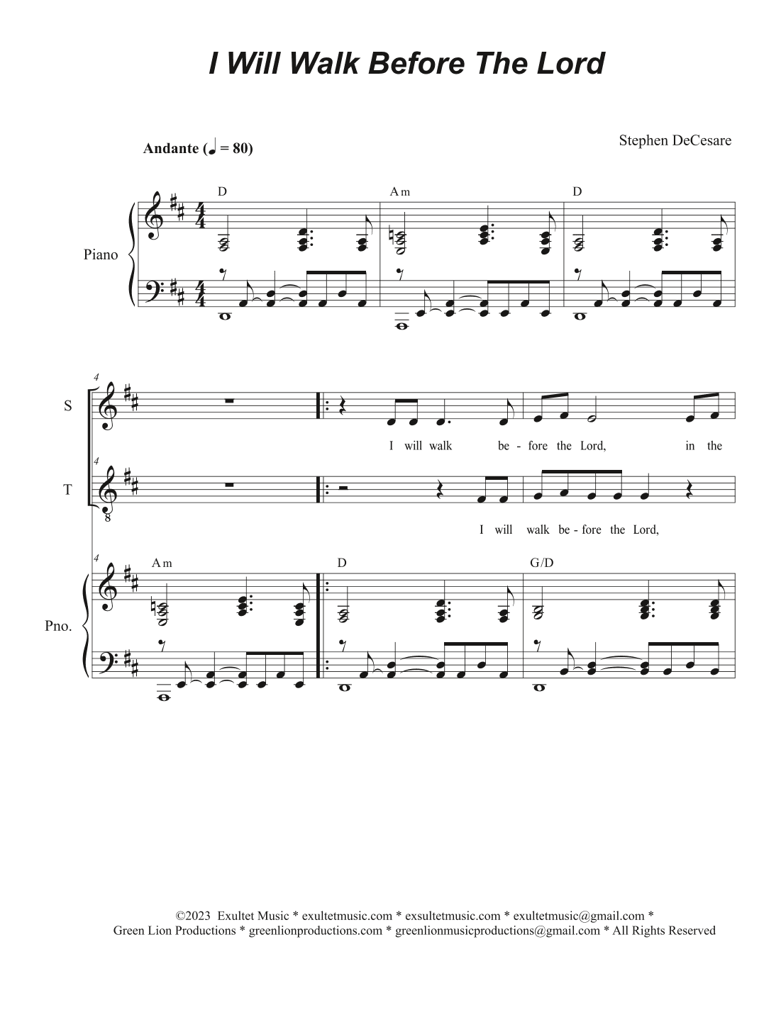 I Will Walk Before The Lord (2-part choir - (Soprano and Tenor)