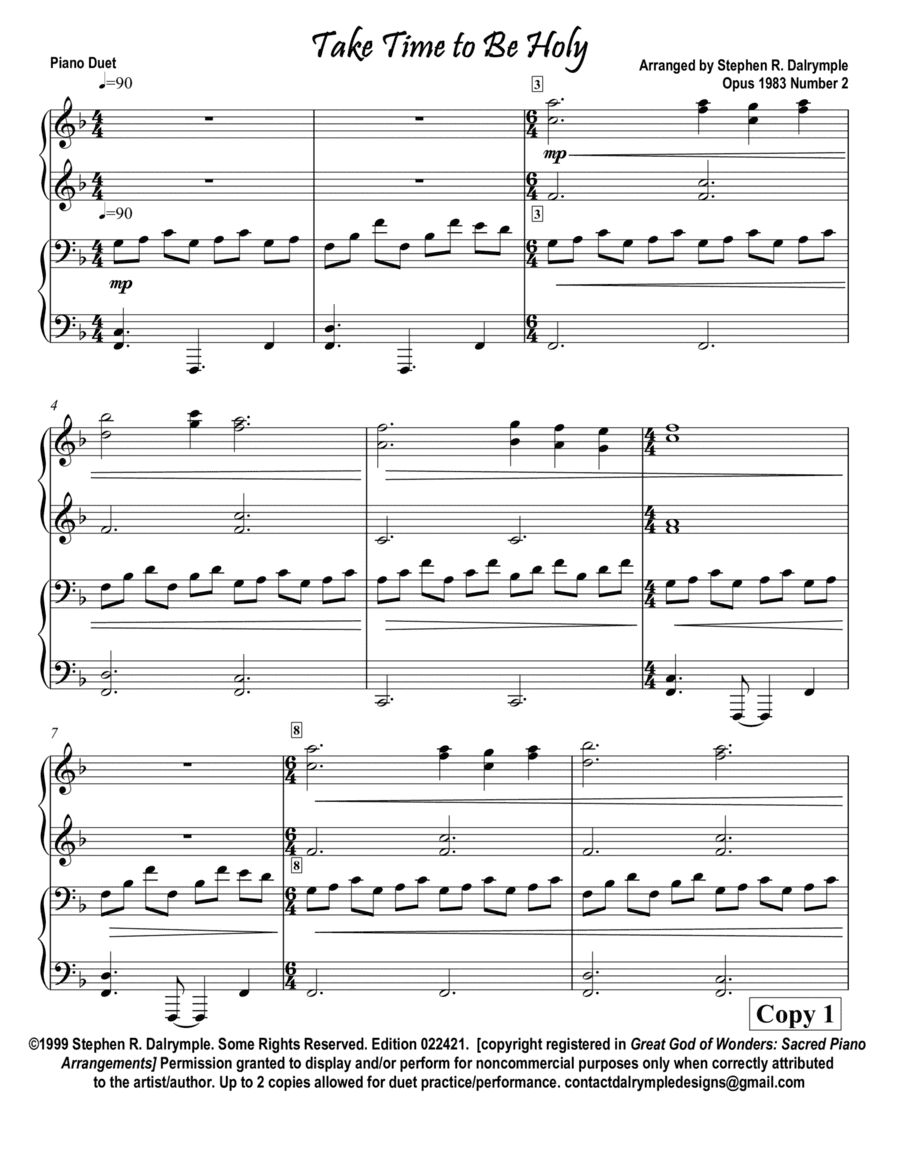 Take Time to Be Holy -Piano Duet (1 piano 4 hands) by Stephen R Dalrymple (arr. Stephen R. Dalrymple (Dalrymple Designs))