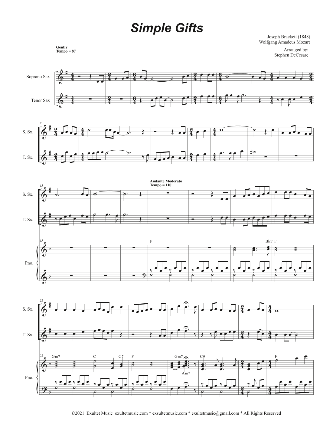 Simple Gifts (Duet for Soprano and Tenor Saxophone) (arr. Stephen DeCesare)