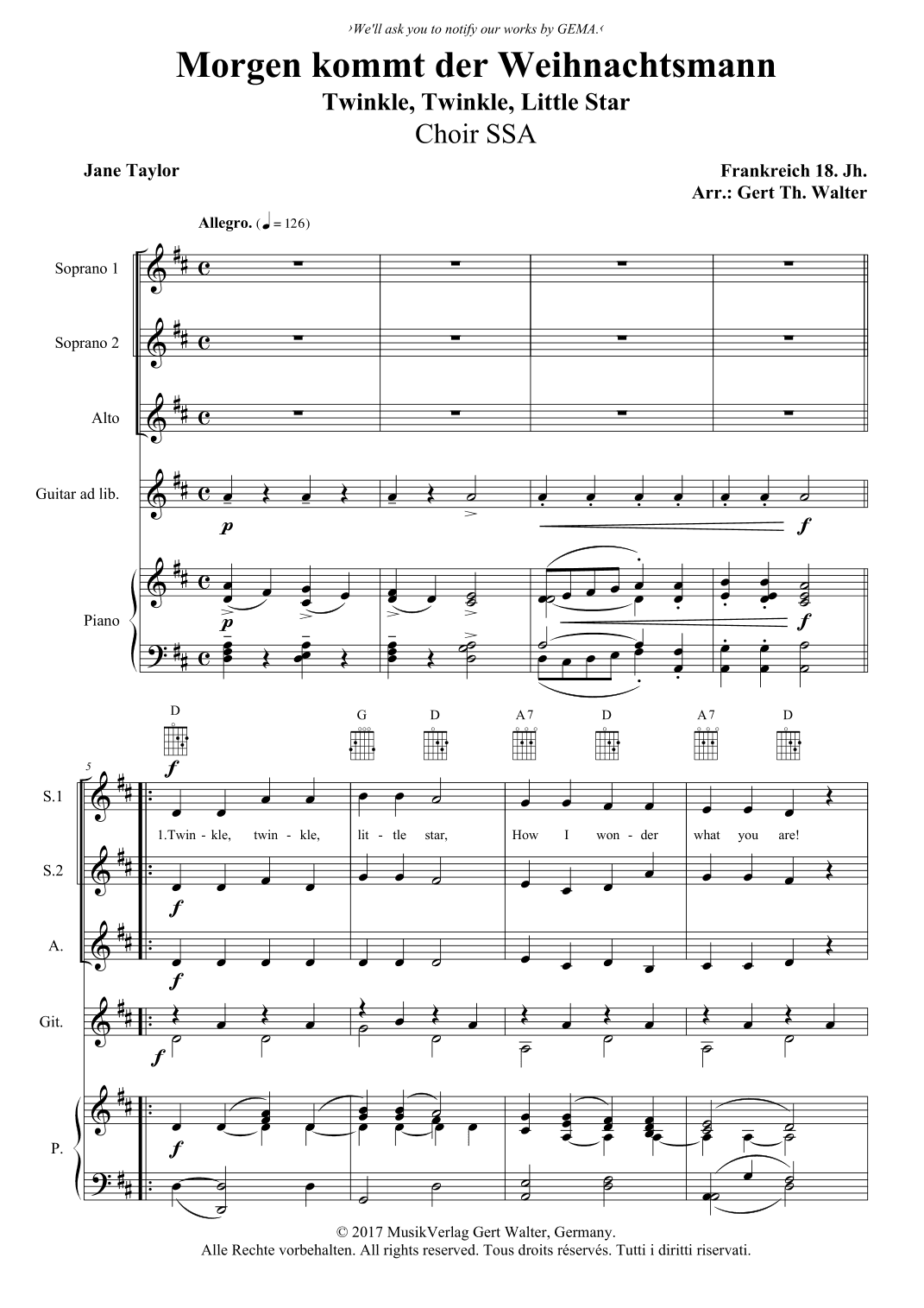 Twinkle, Twinkle, Little Star (arr. Gert Th. Walter)