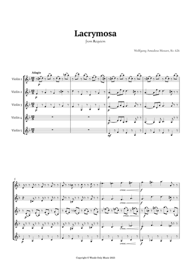 Lacrymosa by Mozart for Violin Quintet (arr. Ander)