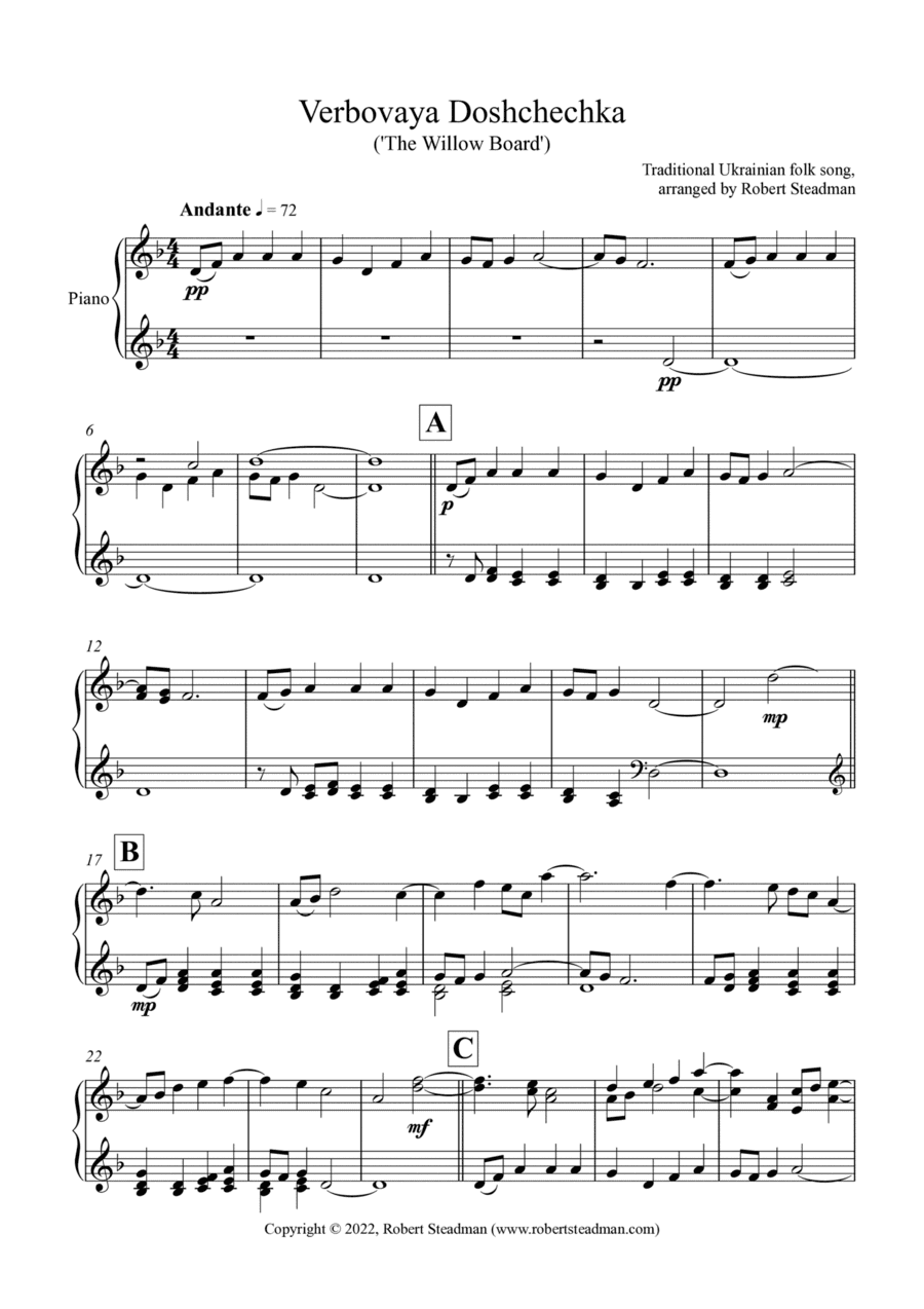 Verbovaya Doshchechka ('The Willow Board') - Ukrainian Folk Song - Solo Piano (arr. Robert Steadman)