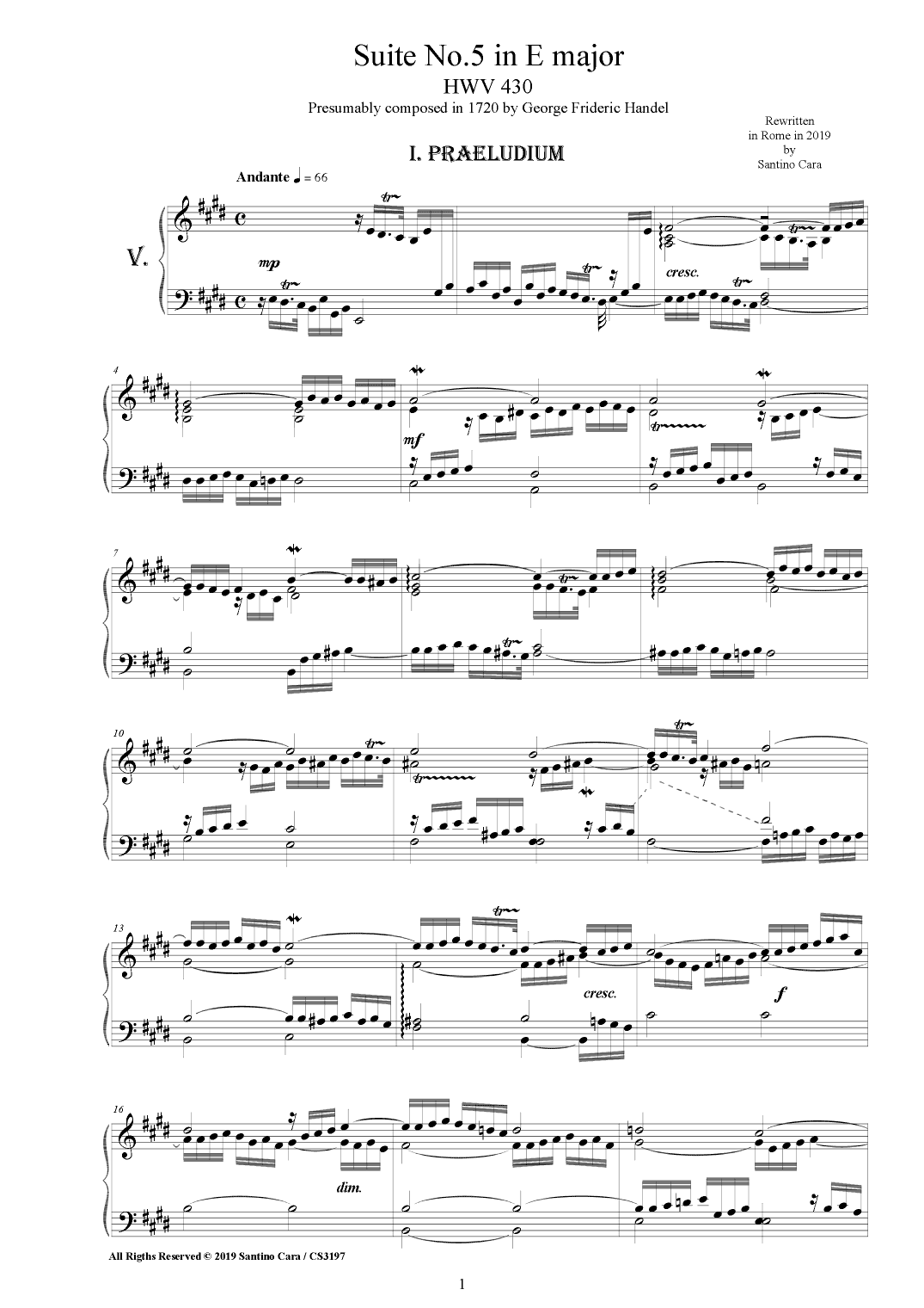 Handel - Piano Suite No.5 in E major HWV 430 (arr. Santino Cara)