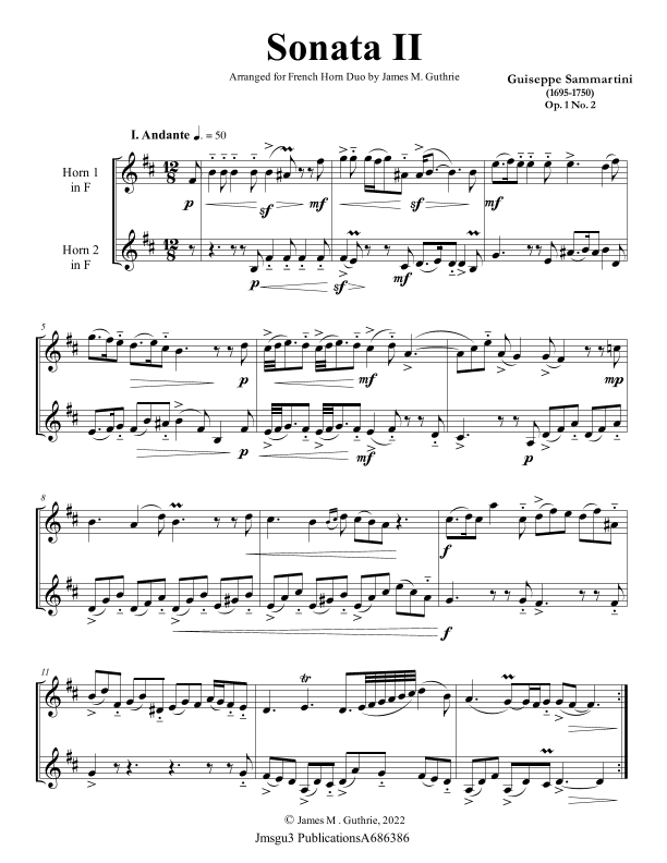 Sammartini: Sonata Op. 1 No. 2 for French Horn Duo (arr. James M. Guthrie)
