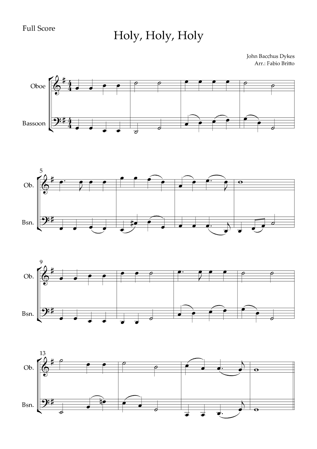 Holy, Holy, Holy (Traditional Christian Song) for Oboe & Bassoon Duo (arr. Fabio Britto)
