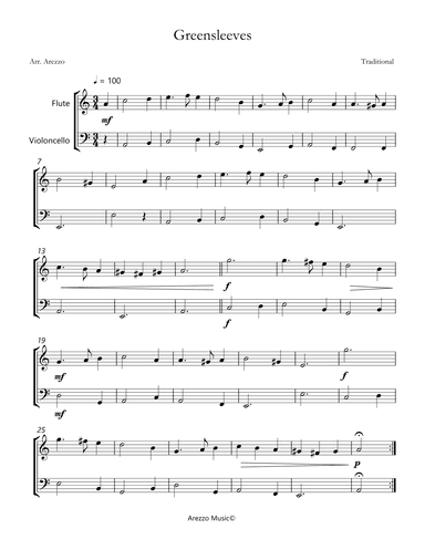 greensleeves flute and cello sheet music Arezzo (arr. Arezzo Music)