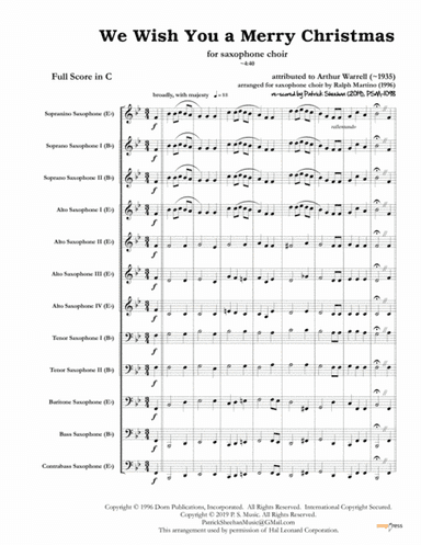 We Wish You a Merry Christmas (for saxophone choir)	(full score & set of parts) (arr. Patrick Sheehan)
