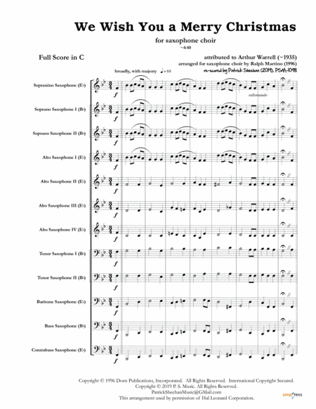 We Wish You a Merry Christmas (for saxophone choir)	(full score & set of parts) (arr. Patrick Sheehan)