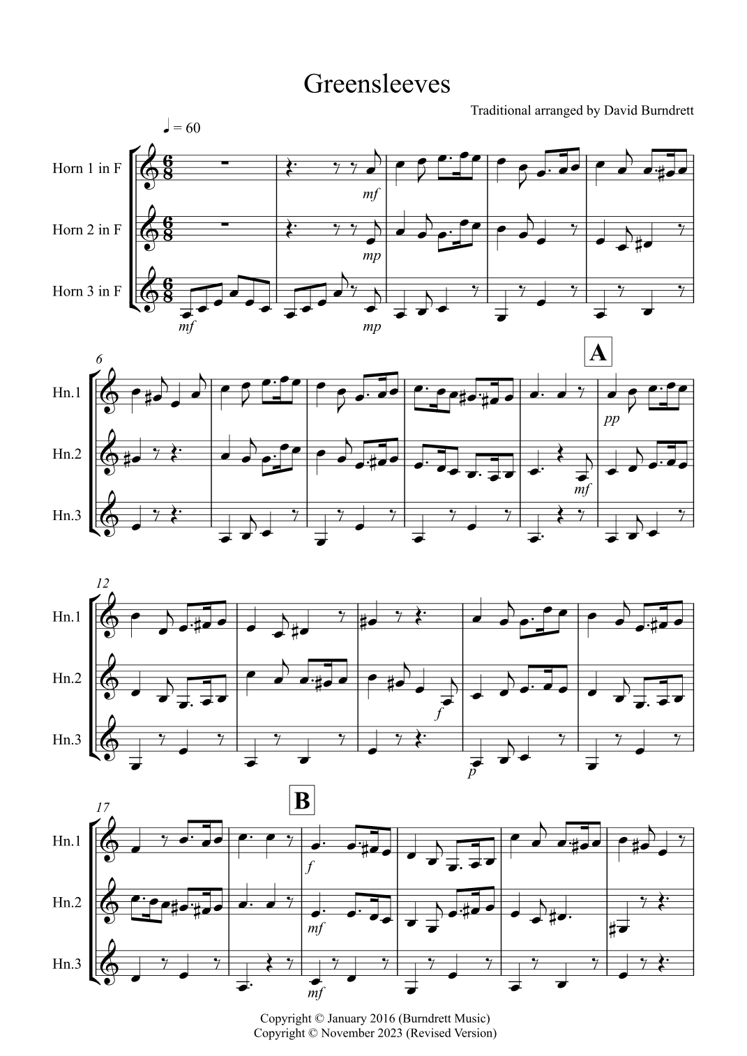 Greensleeves for Horn Trio (arr. David Burndrett)