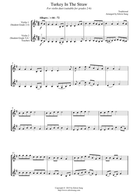 Turkey In The Straw (for violin duet, suitable for grades 2-6) (arr. Edwin Sung)