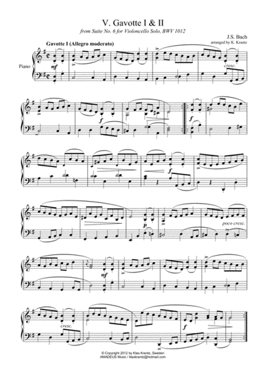 Gavotte 1 & 2 BWV 1012 for piano solo (arr. K. Krantz)