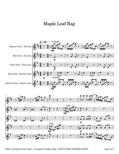 Maple Leaf Rag by Scott Joplin for Saxophone Quartet in Schools (arr. Joseph Judge)