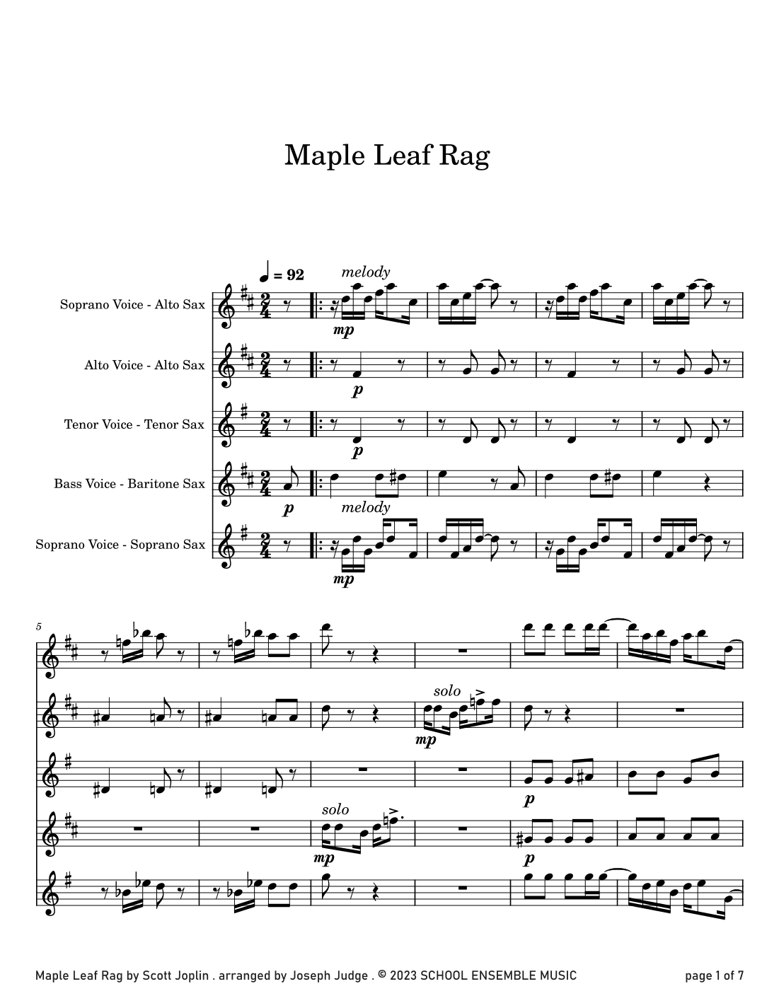 Maple Leaf Rag by Scott Joplin for Saxophone Quartet in Schools (arr. Joseph Judge)