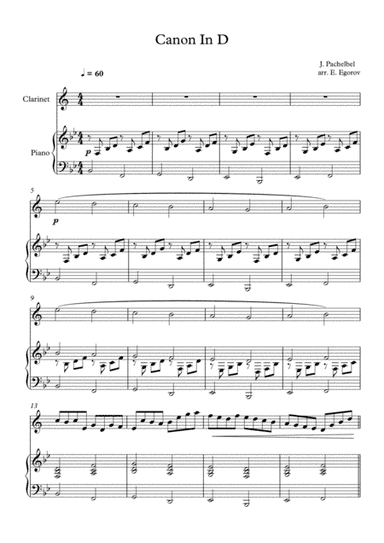 Canon In D, Johann Pachelbel, For Clarinet & Piano