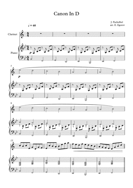 Canon In D, Johann Pachelbel, For Clarinet & Piano