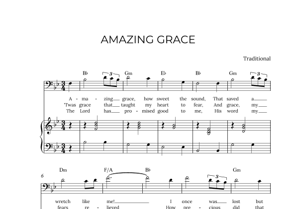 AMAZING GRACE - for piano and baritone in Bb major with chords (arr. Alex Nunes Rodrigues)