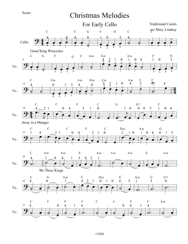 Christmas Melodies for Early Cello and Guitar (arr. Mary Lindsay, AccessibleCello.com)