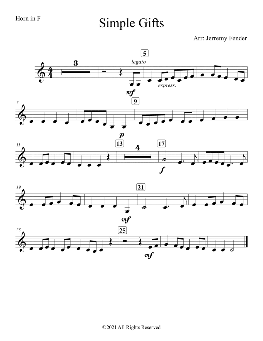 Simple Gifts (Easy) (Horn and Piano) (arr. Jerremy Fender)