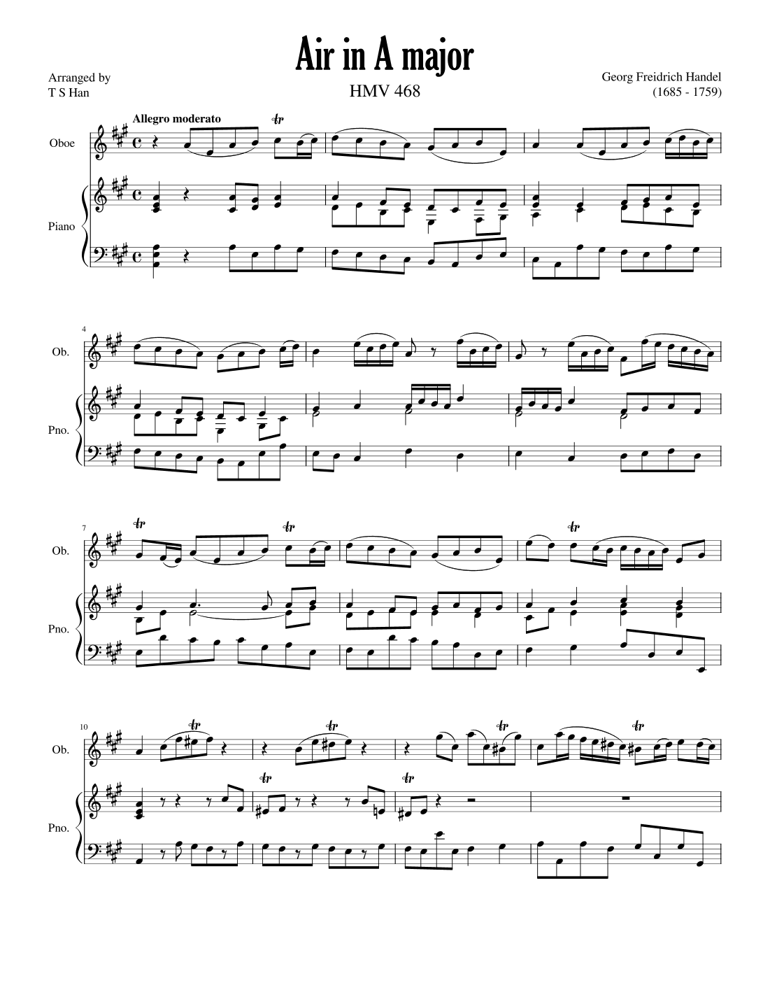 Handel Air in A major for Oboe and Piano, HMV 468 (arr. T S Han)