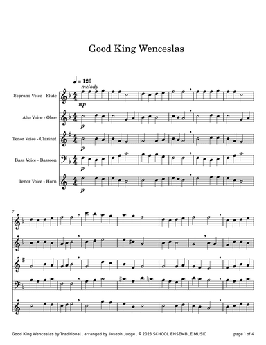 Good King Wenceslas for Woodwind Quartet in Schools (arr. Joseph Judge)