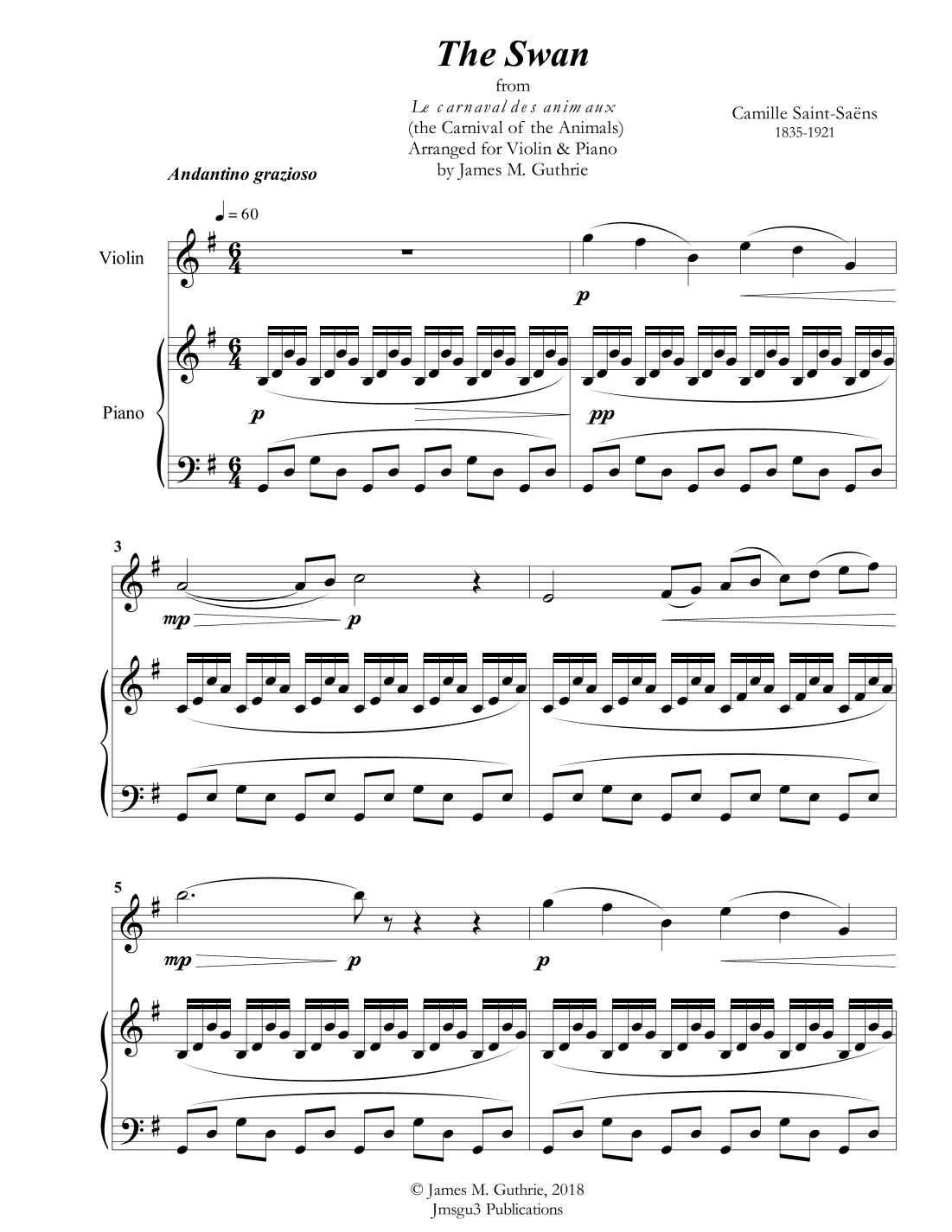 Saint-Saens: The Swan for Violin and Piano (arr. James M. Guthrie, ASCAP)