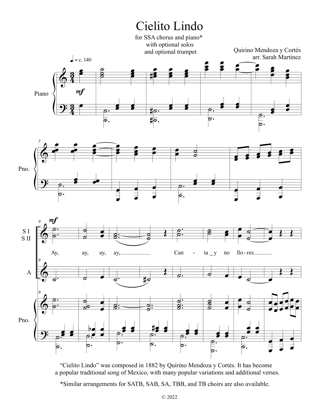 Cielito Lindo (SSA, Accompanied) (arr. Sarah Martinez)