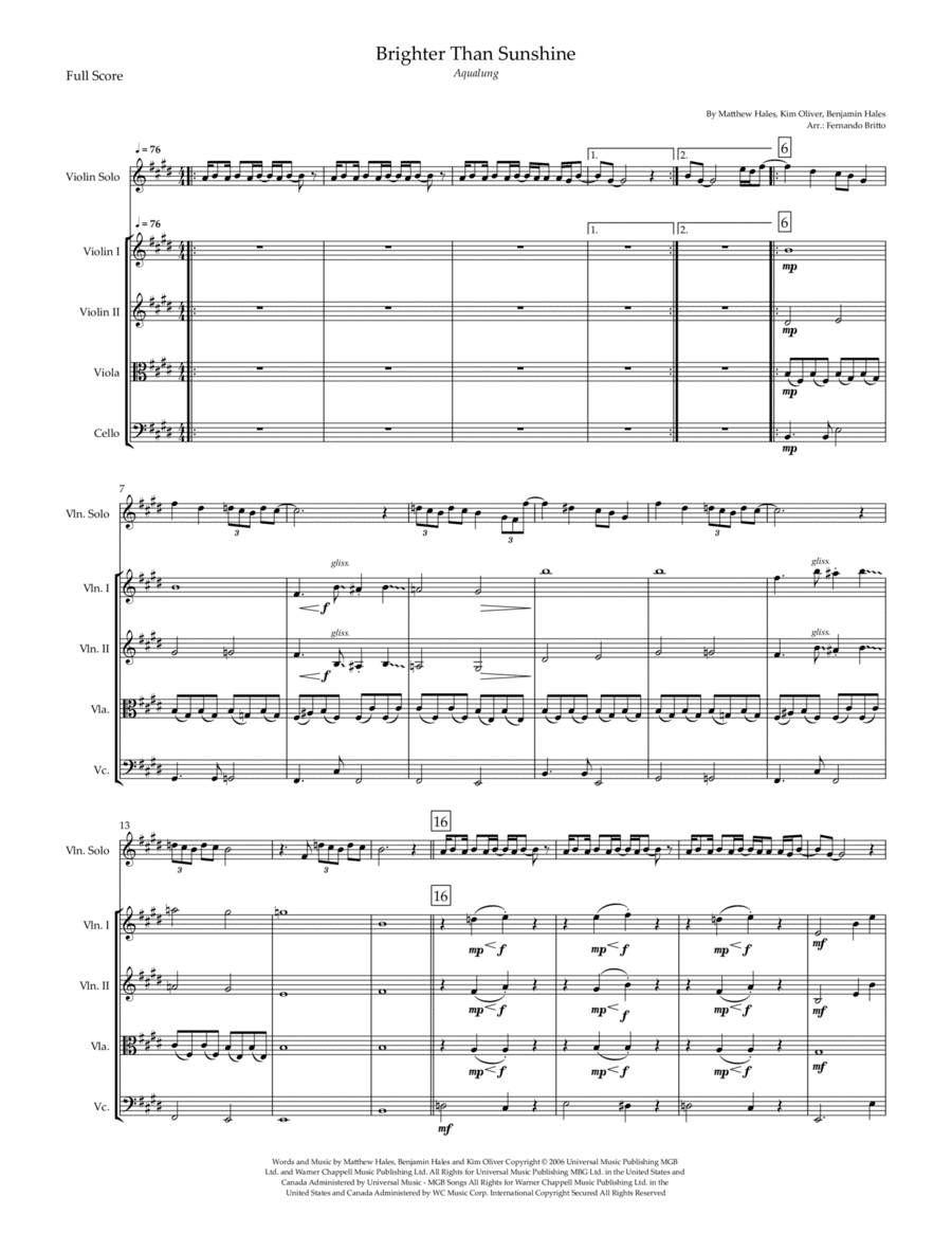 Brighter Than Sunshine (arr. Fernando Britto)