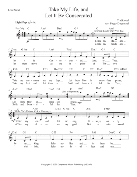Take My Life, and Let it Be (Key of C - Db) Lead Sheet_Vocal (arr. Duquesnel Music Publishing)