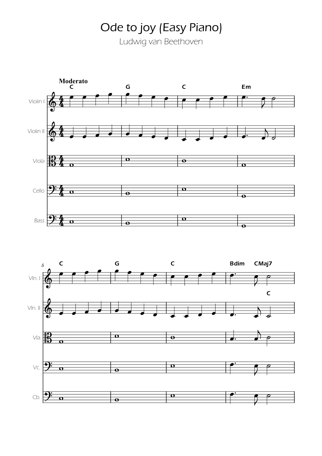 Ode To Joy - Easy String Quintet w/ Chords (arr. Ygor Nunes)