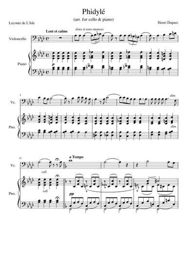 Phidylé (arr. for cello and piano) (arr. Edition Craig Hanson)