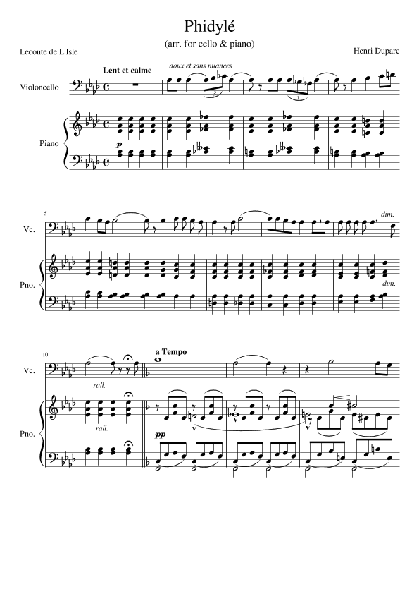 Phidylé (arr. for cello and piano) (arr. Edition Craig Hanson)