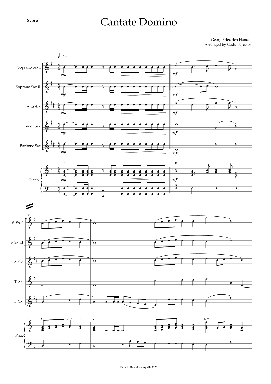 Cantate Domino - Handel (Saxophone Quintet) Piano and chords (arr. Cadu Barcelos)