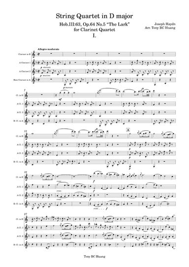 String Quartet in D major, Hob.III:63, Op.64 No.5 "The Lark" for Clarinet Quartet (arr. Tony BC Huang)