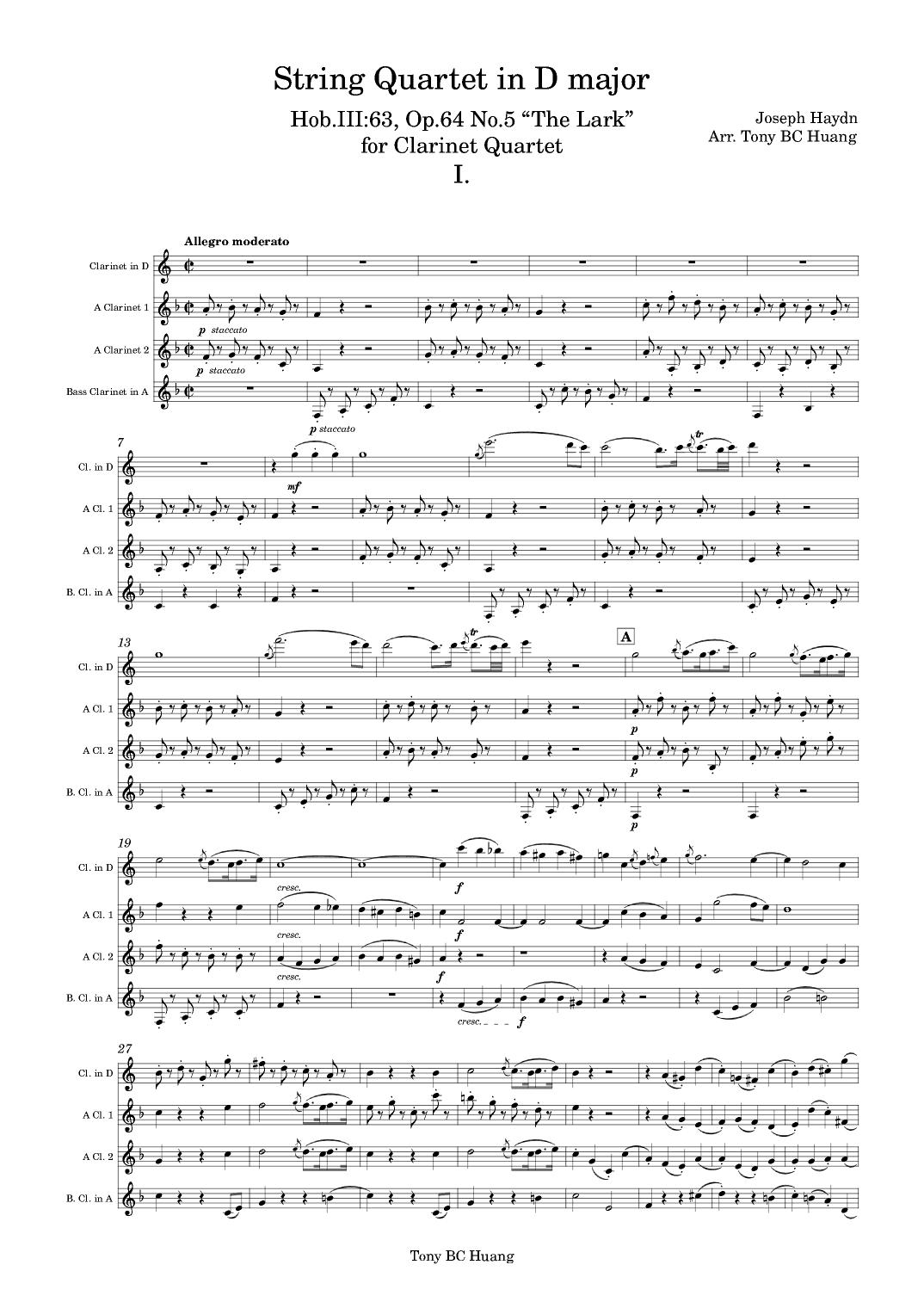 String Quartet in D major, Hob.III:63, Op.64 No.5 "The Lark" for Clarinet Quartet (arr. Tony BC Huang)