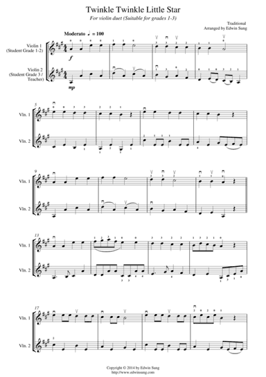 Twinkle Twinkle Little Star (for violin duet, suitable for grades 1-3) (arr. Edwin Sung)