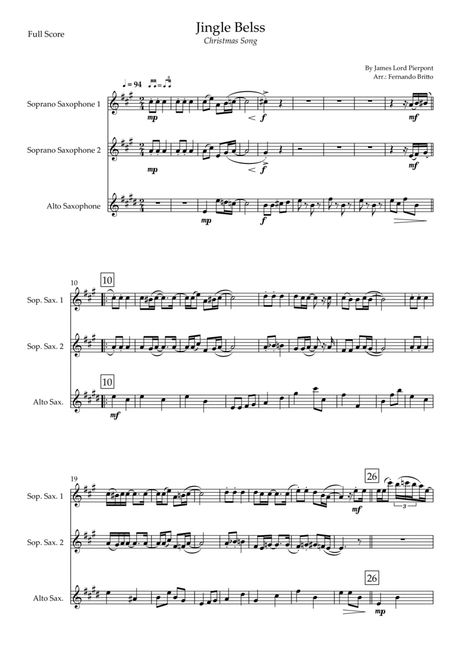 Jingle Bells - Jazz Version (Christmas Song) for Saxophone Trio (arr. Fernando Britto)