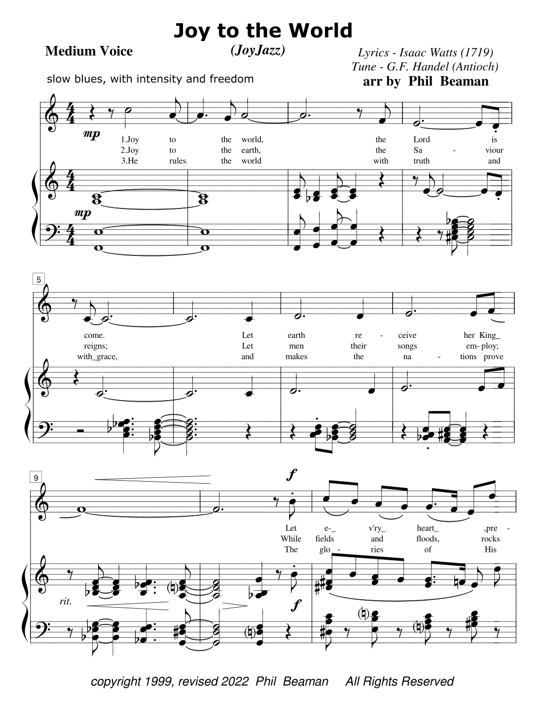 Joy to the World - JoyJazz - medium voice and piano (arr. Phil Beaman)
