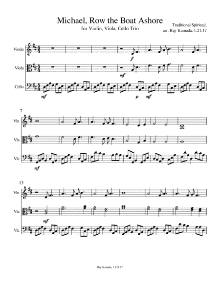Michael, Row the Boat Ashore, for Violin, Viola, Cello Trio (arr. Ray Kamada)