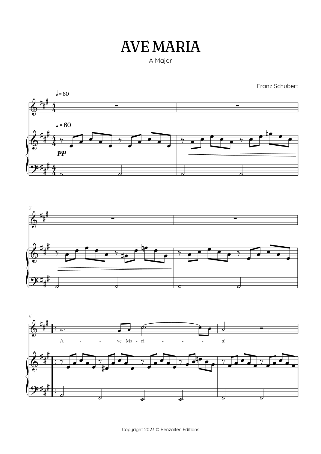 Schubert Ave Maria in A Major • soprano voice sheet music with easy piano accompaniment (arr. Benzaiten Editions)